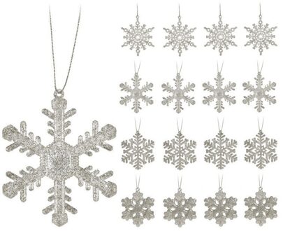 16x Zilveren sneeuwvlok/ijsster kerstornamenten kerst hangers 10 cm met glitters - Kersthangers Zilverkleurig