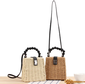 16x16CM New Lovely Wooden Beads Handbag Woven Bag Summer Beach Natural Style Metal Lock Shoulder Straw Bag a7144