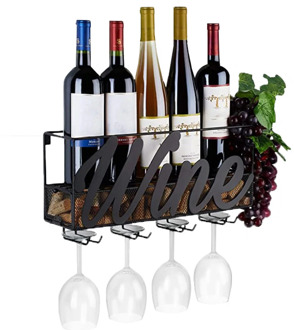 17.71x5.12x8.66 Inch 4 Built-in Wine Glass Holders Metal Wall Mounted Wine Rack Bottle Champagne Shelf With Extra Cork Tray