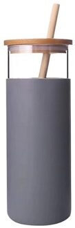 17Oz Glas Tumbler Draagbare Glazen Fles Water Stro Siliconen Beschermhoes Bamboe Deksel grijs