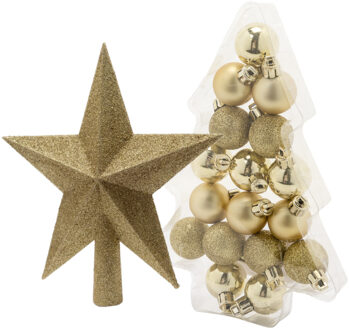 17x stuks kerstballen 3 cm inclusief ster piek goud kunststof - Kerstbal Goudkleurig