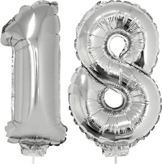 18 jaar leeftijd feestartikelen - versiering cijfers - ballonnen op stokje - van 41 cm - zilver