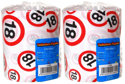 18 jaar verjaardag cadeau - Set van 2x stuks - wc/toiletpapier - 25m - feestartikelen - verkeersbord