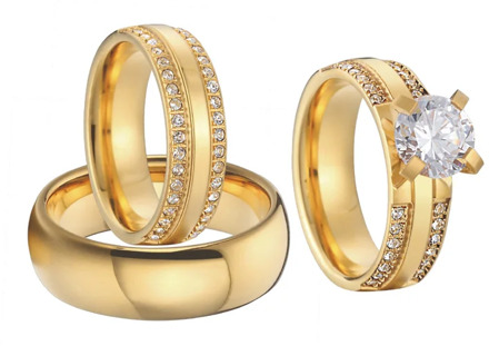 18k gold plated 3pcs cubic zirconia wedding engagement rings set for couples men and women Alliance proposal ring marriage