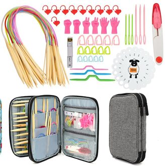 18Pcs Bamboe Rondbreinaalden Set 60Cm Breinaalden Set Met Zakken Diy Weave Craft Gereedschap Voor Vrouwen grijs