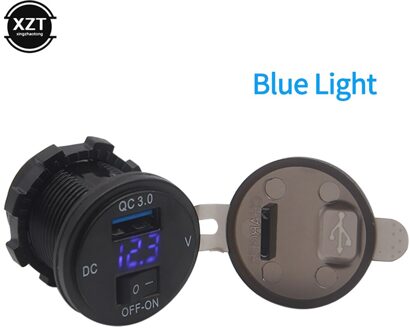 18W DC12V-24V Usb Telefoon Qc 3.0 Snel Opladen Motor Power Adapter Met Schakelaar Led Voltmeter Voltage Display Voertuig Waterdichte blauw