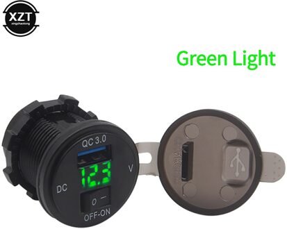 18W DC12V-24V Usb Telefoon Qc 3.0 Snel Opladen Motor Power Adapter Met Schakelaar Led Voltmeter Voltage Display Voertuig Waterdichte groen