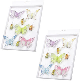 18x stuks decoratie vlinders/bijen op clip gekleurd 5 tot 8 cm