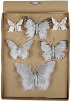 18x stuks Decoratie vlinders op clip grijs 5, 8, 12 cm - vlindertjes decoraties - Kerstboomversiering / woondecoratie / knutsel/hobby