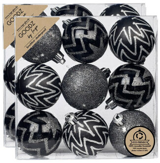 18x stuks gedecoreerde kunststof kerstballen zwart 6 cm