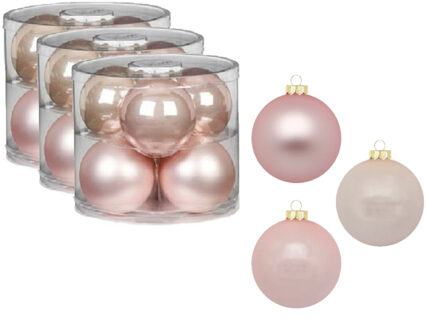 18x stuks glazen kerstballen 10 cm parel roze glans en mat