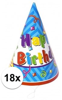 18x stuks Happy Birthday feesthoedjes - Verkleedhoofddeksels Multikleur