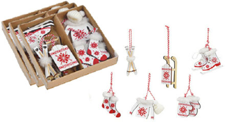 18x stuks houten kersthangers wit/rood wintersport thema kerstboomversiering