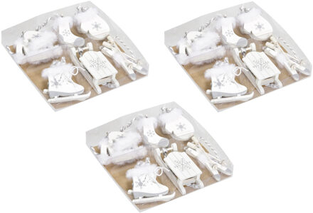 18x stuks houten kersthangers wit wintersport thema kerstboomversiering