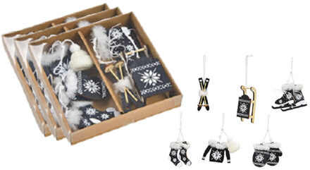18x stuks houten kersthangers zwart wintersport thema kerstboomversiering