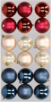 18x stuks kunststof kerstballen mix van donkerblauw, champagne en donkerrood 8 cm - Kerstbal