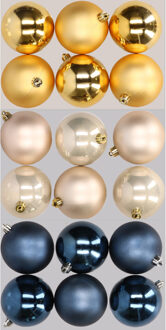 18x stuks kunststof kerstballen mix van donkerblauw, champagne en goud 8 cm Goudkleurig