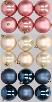 18x stuks kunststof kerstballen mix van donkerblauw, champagne en oudroze 8 cm - Kerstbal