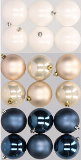 18x stuks kunststof kerstballen mix van donkerblauw, champagne en wit 8 cm - Kerstbal Champagnekleurig