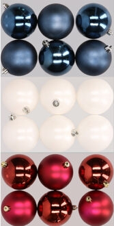 18x stuks kunststof kerstballen mix van donkerblauw, wit en donkerrood 8 cm