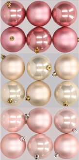 18x stuks kunststof kerstballen mix van lichtroze, champagne en oudroze 8 cm