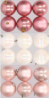 18x stuks kunststof kerstballen mix van lichtroze, parelmoer wit en oudroze 8 cm