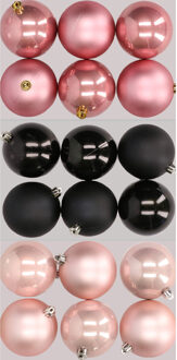 18x stuks kunststof kerstballen mix van lichtroze, zwart en oudroze 8 cm - Kerstbal