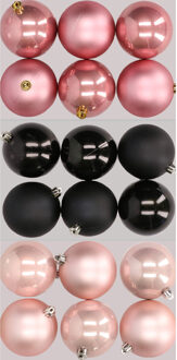 18x stuks kunststof kerstballen mix van lichtroze, zwart en oudroze 8 cm