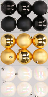 18x stuks kunststof kerstballen mix van zwart, parelmoer wit en goud 8 cm Goudkleurig