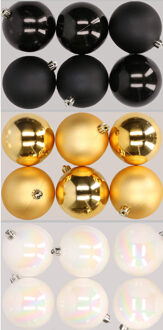 18x stuks kunststof kerstballen mix van zwart, parelmoer wit en goud 8 cm - Kerstbal Goudkleurig