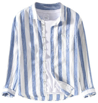 1901 Mannen Lente Herfst Mode Linnen Lange Mouwen Nave Blue Strip Patchwork Turn Down Kraag Casual Klassieke Mannelijke Chic shirt 1901 grijs / Xxl