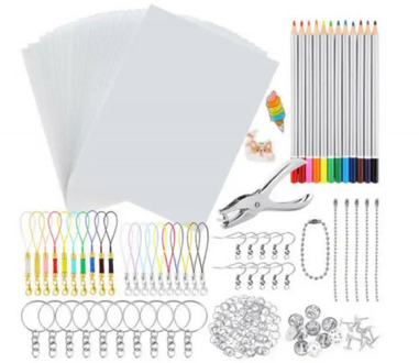 198PCS Shrinky Dinks Plastic Kit Shrinky Art Paper Hole Punch Keychains Pencils Drawing Art Supply Creative Plastic Charms Maker