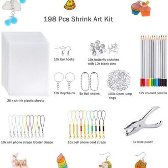 198Pcs Shrinky Plastic Vel Kit Krimpkous Vel Art Papier Perforator Sleutelhangers Potloden Tekening Supply Charmes Maker 198stk