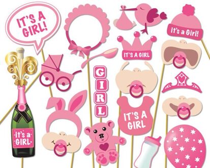 19Pcs Roze Douche Meisje Decoratie Photo Booth Props Het Een Meisje Diy Kits Op Stokken Perfect Babyshower decoratie Favor