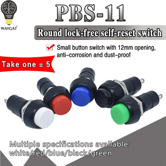 1Pack=5pcs PBS-11B 2PIN 12mm No Lock Self-Lock ON OFF Push Button Momentary Switch 3A 150V Black Blue Red Green Yellow