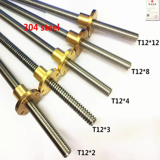 1pc 100 150 200 250 300 350 400 450 500 550mm 304 T12 2 3 4 8 10 12 Stainless Steel Trapezoidal Screw Lead Screw with Brass Nut