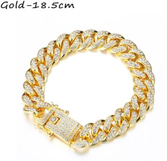 1Pc 14K Vergulde 12Mm Breedte Diamond Cubaanse Armband Luxe Shiny Hip Hop Ingelegd Rhinestone Link Chain vrouwen Mode Armband goud-18.5cm