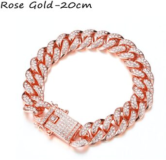 1Pc 14K Vergulde 12Mm Breedte Diamond Cubaanse Armband Luxe Shiny Hip Hop Ingelegd Rhinestone Link Chain vrouwen Mode Armband roos goud-20cm