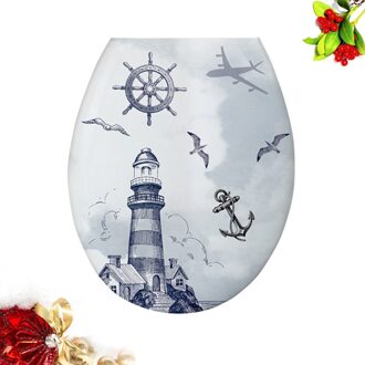 1Pc 18 Inch Verdikking Gedrukt Wc-deksel U-Vormige Toilet Seat Cover Universele Wc Deksel Creatieve Patronen Wc zee Lighthouse