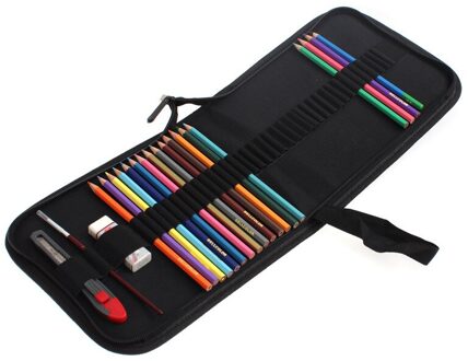 1Pc 36 Gaten Zwart Canvas Etui Gekleurde Potloden Zak Art Set Schets Set Zonder Potloden Opbergtas Ass002
