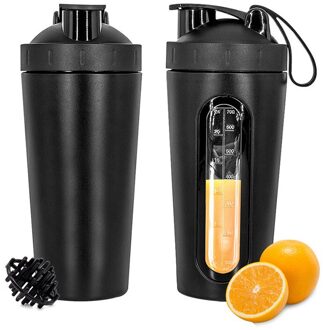 1Pc 700Ml Rvs Sport Water Mokken Shaker Flessen Met Schaal, outdoor Gym Fitness Schudden Cup Eiwitpoeder Mixer Fles zwart