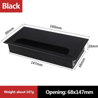 1Pc Aluminium Pc Bureau Rechthoek Draad Kabel Kantoor Tafel Gat Cover Outlet Poort Met Zwarte Borstel Kabel Organizer zwart-80x160mm