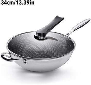 1Pc Anti-aanbak Koekenpan Roestvrijstalen Wok Honingraat Koekenpan Met Glazen Deksel Bak Pan Kitchen Cookware Pan 34CM
