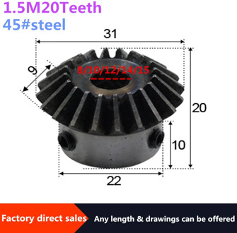 1pc Bevel Gear 1.5M 20Teeth inner hole 8/10/12/14/15 mm gear 90 degrees meshing angle Steel Gears Screw Hole M5