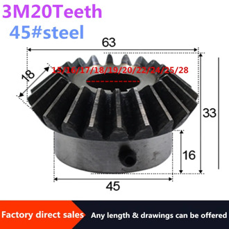 1pc Bevel Gear 3M 20Teeth inner hole 15/16/17/18/19/20/22 /24/25/28mm gear 90 degrees meshing angle Steel Gears Screw Hole M5