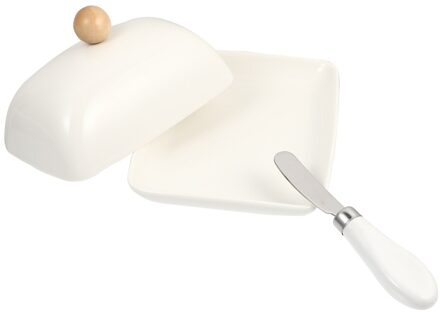 1Pc Butter Container Met Deksel Keramische Kaas Case Dessertbord Met Cutter wit