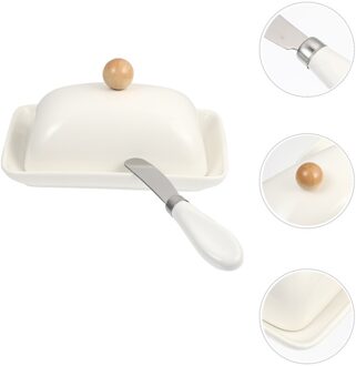 1Pc Butter Container Met Deksel Keramische Kaas Case Dessertbord Met Cutter wit