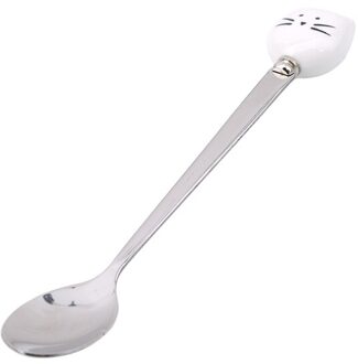 1Pc Cartoon Leuke Kat Vork Rvs Lange Steel Roeren Lepel Fruit Vork Koffie Lepel Keramische Handvat wit kat lepel