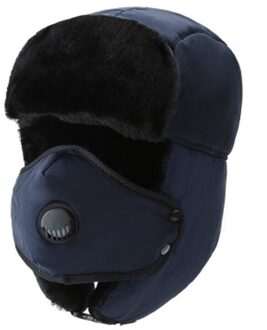 1Pc Dikke Bomber Hoed Unisex Ademend Afneembare Masker Hoeden Vrouwen Mannen Koude Winter Warm Hoofddeksels Ski Caps Winddicht, warm Cap donker blauw