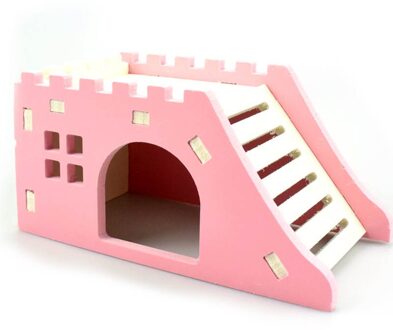 1Pc Duurzaam Houten Dierbenodigdheden Kleine Dier Hamster Nest Huis Huisdier Egel Kasteel Observatie Platform Dek Ladder Huisdier Speelgoed 1stk roze